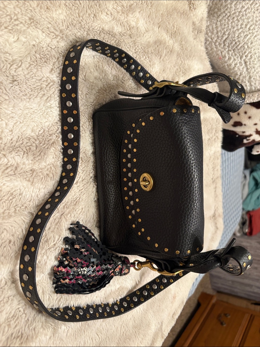 Black Stud-Trim Leather Crossbody with Tassel